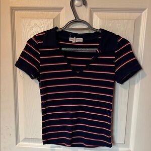 Urban Heritage Navy and Red Striped V-Neck Tee